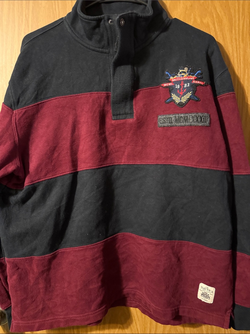 Nautica Black and Burgundy Striped Rugby Pullover Men’s Large